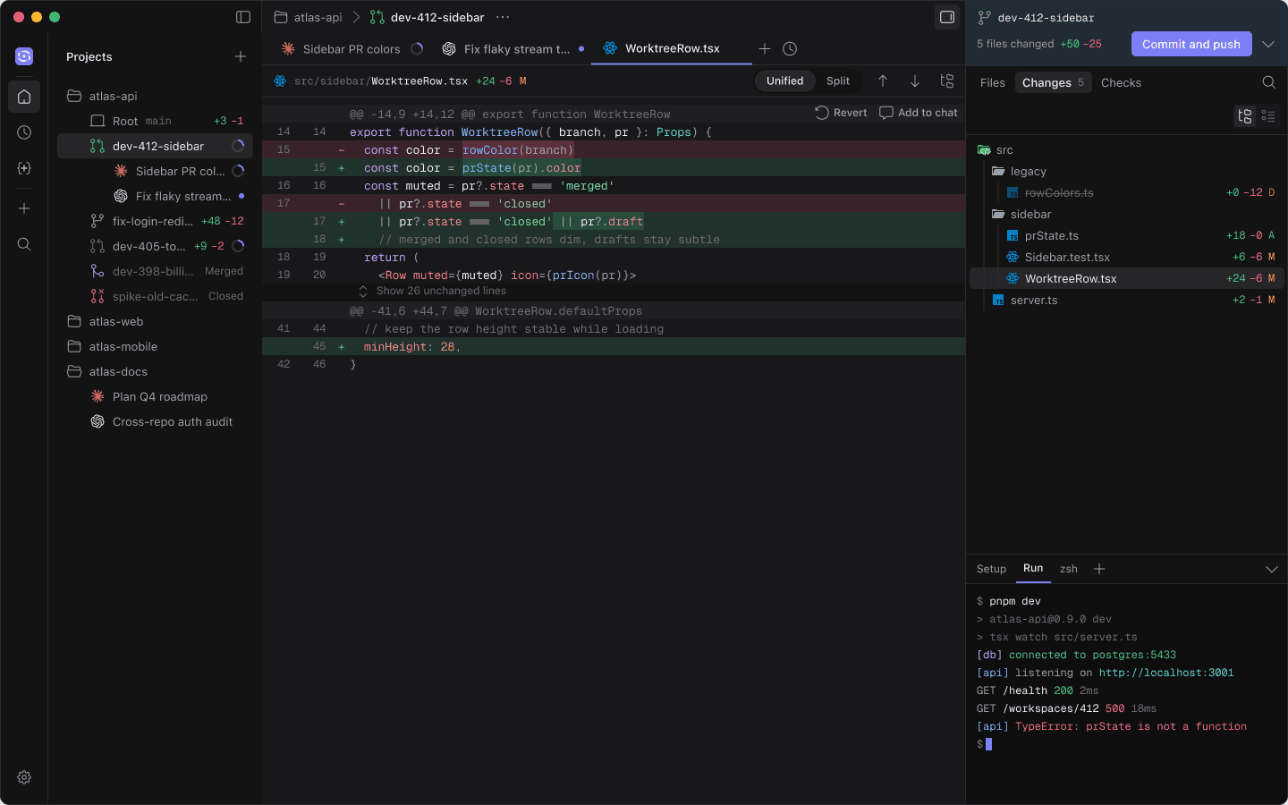 Basepoint Code reviewing a diff: the agent's branch, changed files and a live terminal